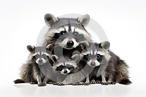 Image of family group of racoons on white background. Wildlife Animals. Illustration, Generative AI