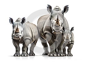 Image of family group of rhinoceross on white background. Wildlife Animals. Illustration, Generative AI