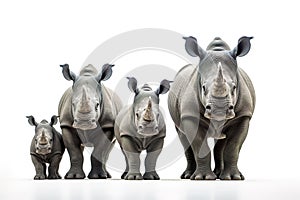 Image of family group of rhinoceross on white background. Wildlife Animals. Illustration, Generative AI
