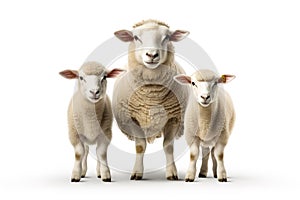 Image of family group of sheeps on white background. Farm animals. Illustration, Generative AI