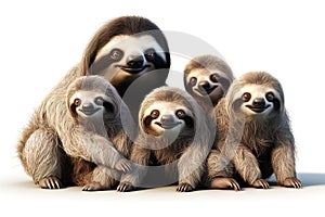 Image of family group of sloths on white background. Wildlife Animals. Illustration, Generative AI