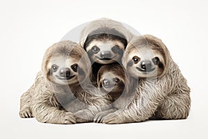 Image of family group of sloths on white background. Wildlife Animals. Illustration, Generative AI photo