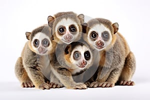 Image of family group of Slow lorisess on white background. Wildlife Animals. Illustration, Generative AI