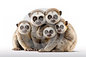 Image of family group of Slow lorisess on white background. Wildlife Animals. Illustration, Generative AI