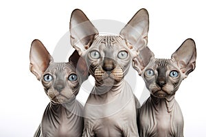 Image of family group of sphynx cats on white background. Pet. Animals. Illustration, Generative AI