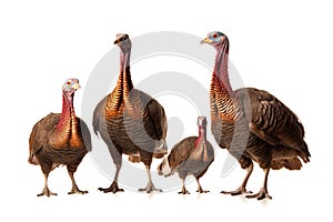 Image of family group of turkeys on white background. Farm animals. Illustration, Generative AI