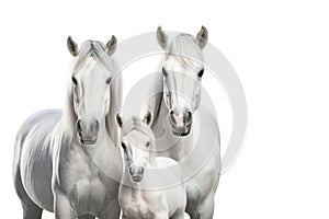 Image of family group of white horses on white background. Wildlife Animals. Illustration, Generative AI