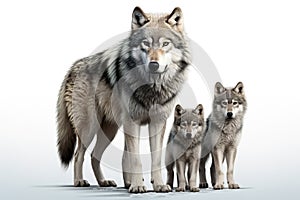Image of family group of wolfs on white background. Wildlife Animals. Illustration, Generative AI photo