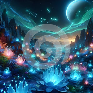 image of fantasy Pandora plant of colorful bioluminescent plants in the sea, luminous crystals and fireflies.