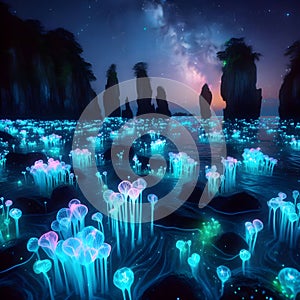 image of fantasy Pandora plant of colorful bioluminescent plants in the sea, luminous crystals and fireflies.