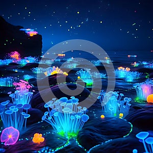 image of fantasy Pandora plant of colorful bioluminescent plants in the sea, luminous crystals and fireflies.