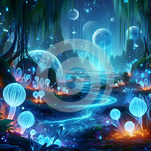 image of fantasy Pandora plant of colorful bioluminescent plants in the sea, luminous crystals and fireflies.