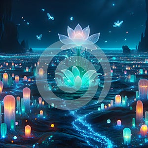 image of fantasy Pandora plant of colorful bioluminescent plants in the sea, luminous crystals and fireflies.