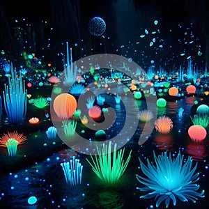 image of fantasy Pandora plant of colorful bioluminescent plants in the sea, luminous crystals and fireflies.