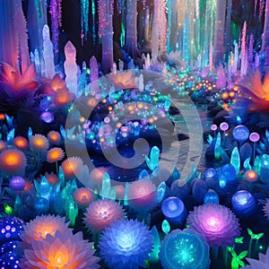 image of fantasy Pandora plant of colorful bioluminescent plants in the sea, luminous crystals and fireflies.