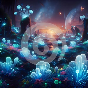 image of fantasy Pandora plant of colorful bioluminescent plants in the sea, luminous crystals and fireflies.