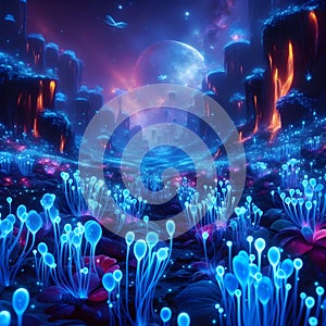 image of fantasy Pandora plant of colorful bioluminescent plants in the sea, luminous crystals and fireflies.