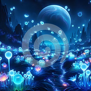 image of fantasy Pandora plant of colorful bioluminescent plants in the sea, luminous crystals and fireflies.