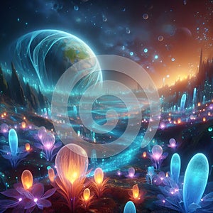 image of fantasy Pandora plant of colorful bioluminescent plants in the sea, luminous crystals and fireflies.