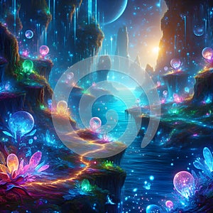 image of fantasy Pandora plant of colorful bioluminescent plants in the sea, luminous crystals and fireflies.