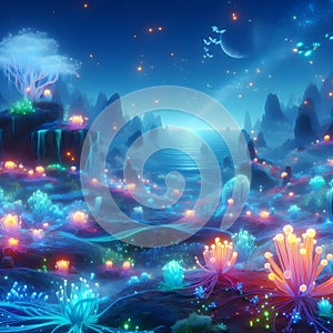 image of fantasy Pandora plant of colorful bioluminescent plants in the sea, luminous crystals and fireflies.