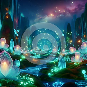 image of fantasy Pandora plant of colorful bioluminescent plants in the sea, luminous crystals and fireflies.