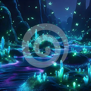 image of fantasy Pandora plant of colorful bioluminescent plants in the sea, luminous crystals and fireflies.