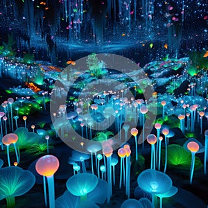 image of fantasy Pandora plant of colorful bioluminescent plants in the sea, luminous crystals and fireflies.