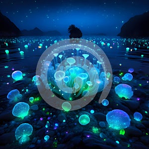 image of fantasy Pandora plant of colorful bioluminescent plants in the sea, luminous crystals and fireflies.