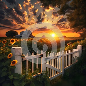 image of a farm different weather,a quaint white picket fence and a field of blooming sunflowers