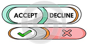 Vector art of accept and decline buttons with check mark and x isolated on white background for web design