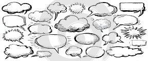 Hand drawn clouds and speech bubbles on a white background