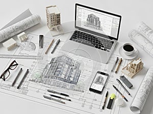 Architectural design tools and blueprints isolated on white background