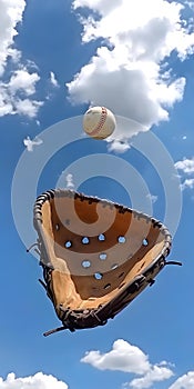 Baseball in flight with glove below