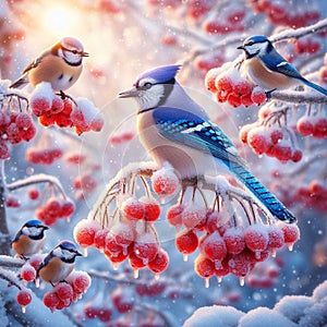 The image features a beautiful winter scene with birds perched on a tree branch covered in snow and red berries.