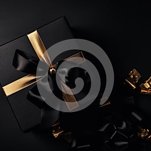 Black Gift Box with Golden Bow Overhead View