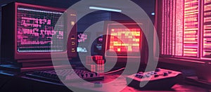 Futuristic Nostalgia: Pixelated Retro Digital Designs with Rubiks Cube and Joystick Control in Dark Room with Neon Accen photo