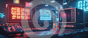 Futuristic Nostalgia: Pixelated Retro Digital Designs with Rubiks Cube and Joystick Control in Dark Room with Neon Accen photo