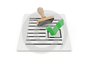 Checkmark and stamp on document isolated on white background