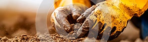 the image features a close up of two gloved hands handling soil. the hands are covered in yellow gloves, which are visibly soiled photo