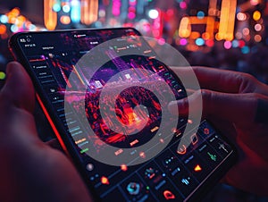 Close-Up of a Futuristic Digital Interface Viewed Through Camera Len