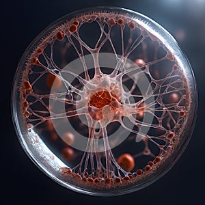 A microscopic cellular structure possibly a complex virus.