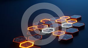 glowing hexagonal tiles on a dark surface