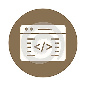 Vector art of a coding window icon on a brown circle, representing software development, programming, or web design