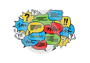 Colorful speech bubbles with exclamation marks