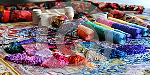 Colorful Threads on Patterned Fabric