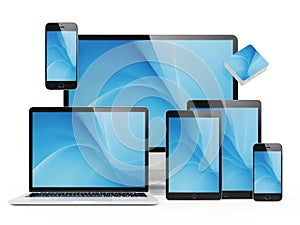 Collection of electronic devices isolated on white background