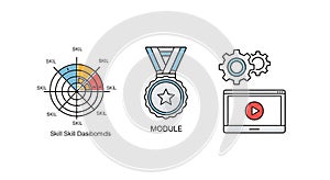 A graphic illustration of skill development icons and a video tutorial on a computer screen