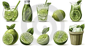 Vibrant lime and mint drinks and fresh limes on a white surface