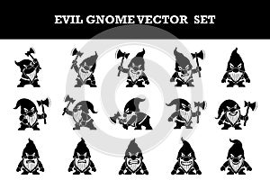 Cute and fierce evil gnome characters holding axes in various poses vector illustration set for fantasy designs